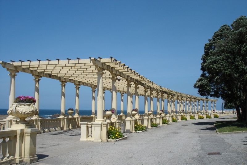 a long pathway covered with a durable pergola
