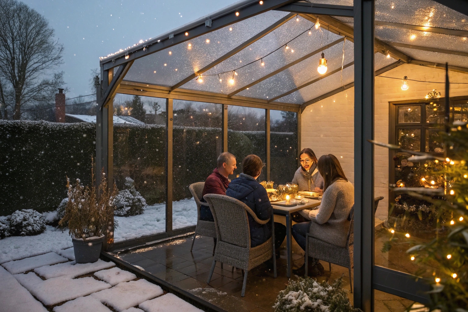 Family dining on weather-protected enclosed patio during winter evening