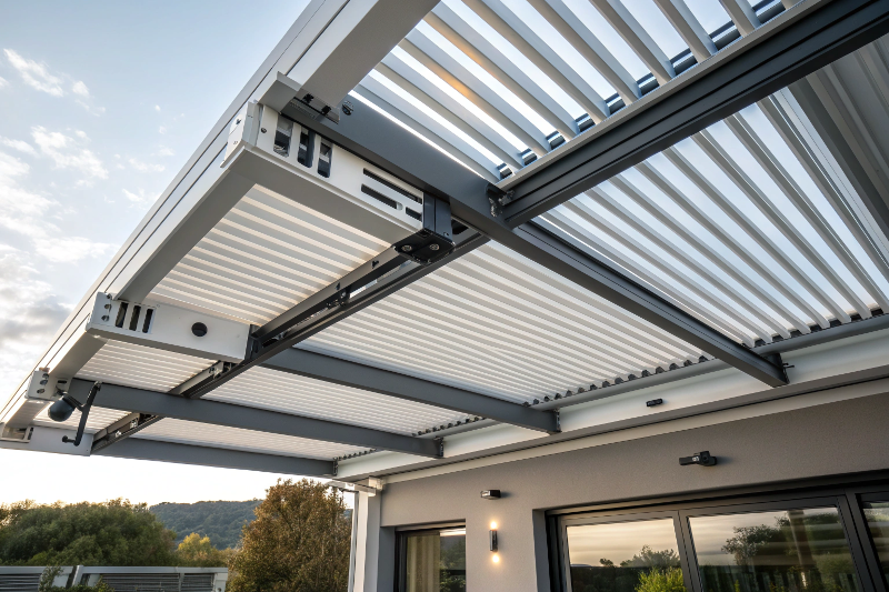 Close-up detail of premium aluminum bioclimatic louvre roof system showing precision-engineered adjustable slats and motorized mechanisms