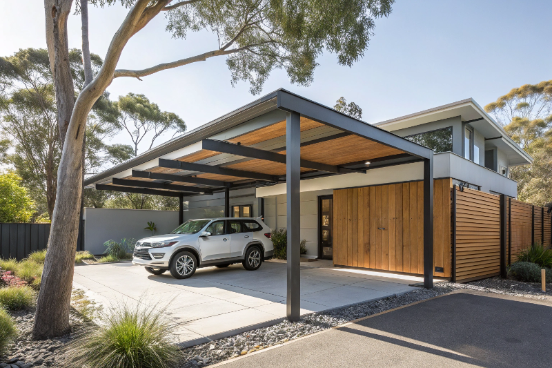 Custom carport and pergola combination structure at modern Canberra home with steel frame and timber accents