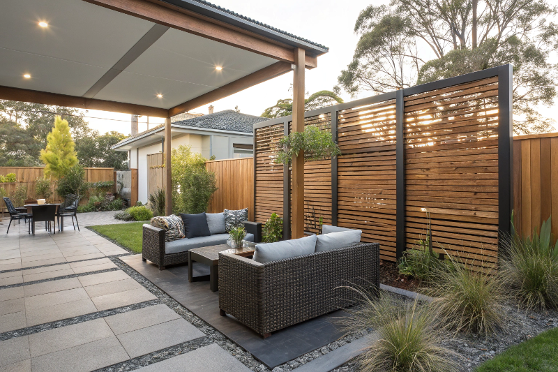 Custom timber and aluminum privacy screens installed in Canberra backyard creating intimate outdoor living space with modern patio furniture
