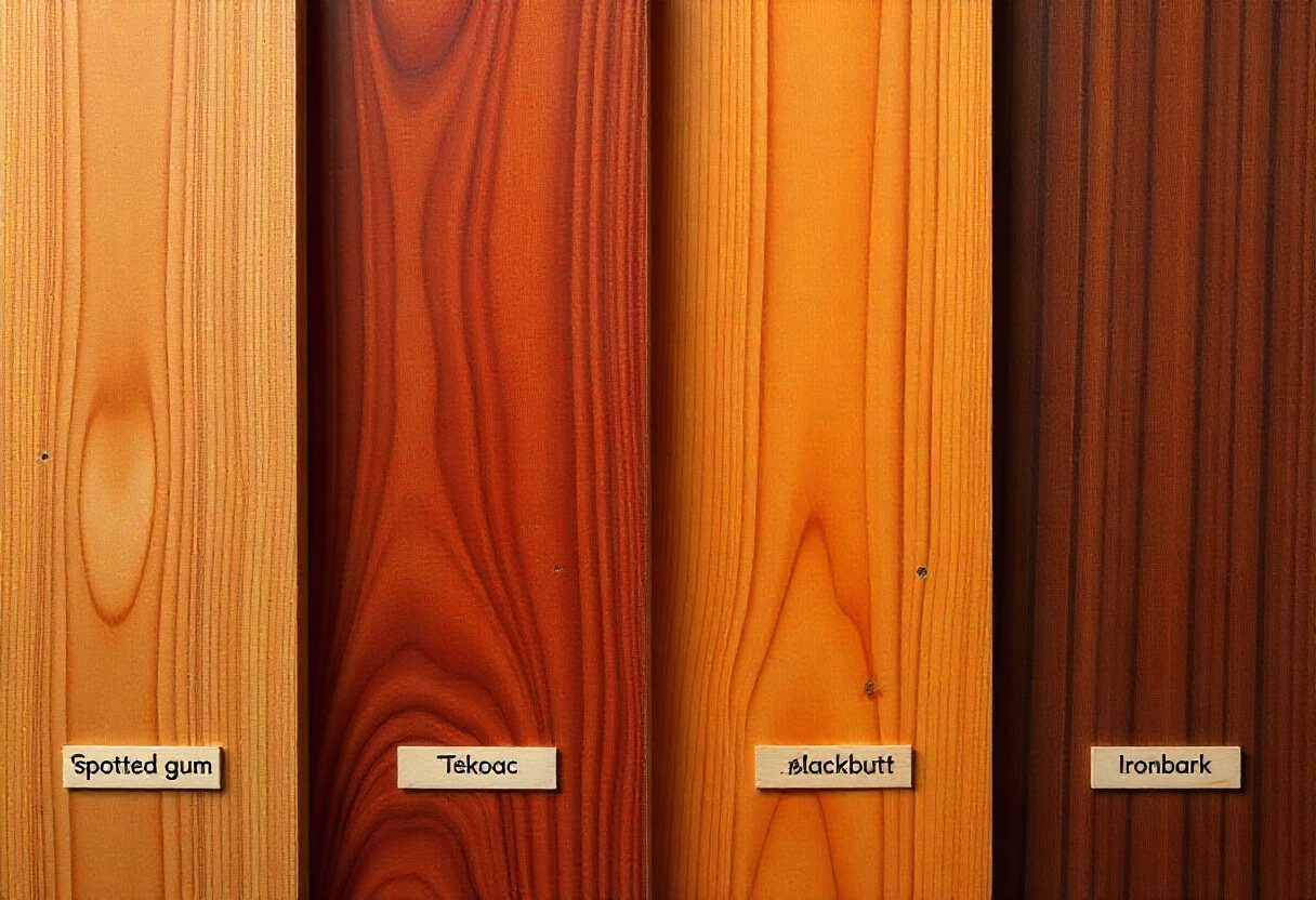 4 different Australian hardwood timber samples arranged side by side with labels