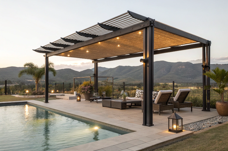 Freestanding pergola beside swimming pool providing shade for outdoor dining in Canberra backyard