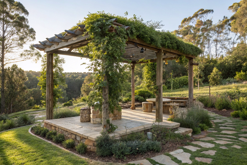 Elegant timber garden pavilion pergola surrounded by native Australian plants as landscape centerpiece