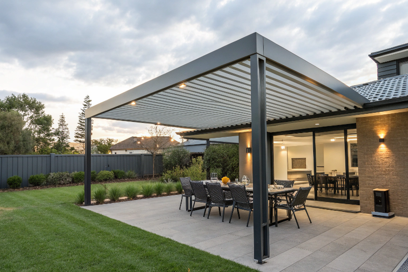 Modern aluminium pergola installation Canberra contemporary home backyard with louvred roof system
