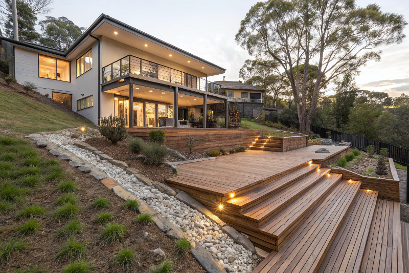 Multi-level timber deck built on sloping Canberra block showing stepped design for hillside properties