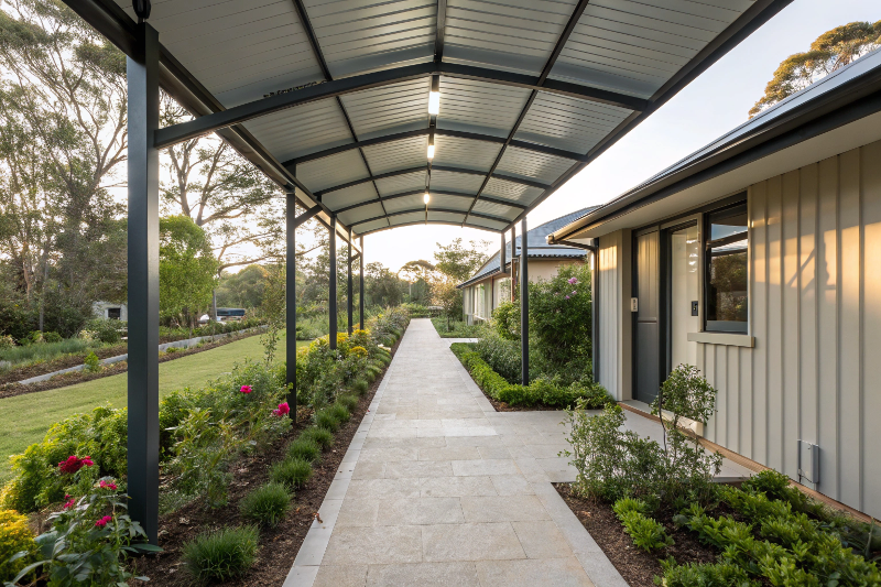 Premium covered walkway with steel frame connecting modern Canberra home to garage with landscaped surroundings
