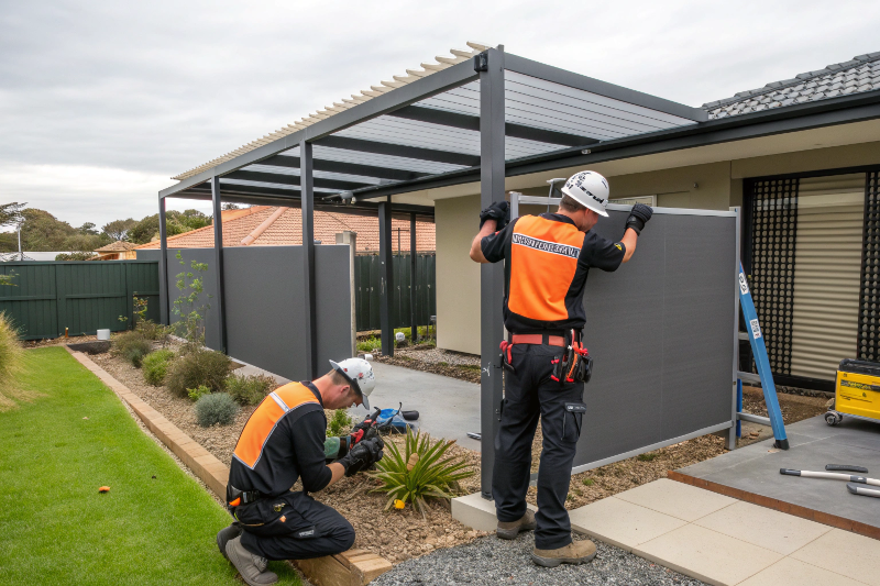 Licensed tradesman installing custom privacy screens in Canberra with proper tools and safety equipment in suburban backyard setting