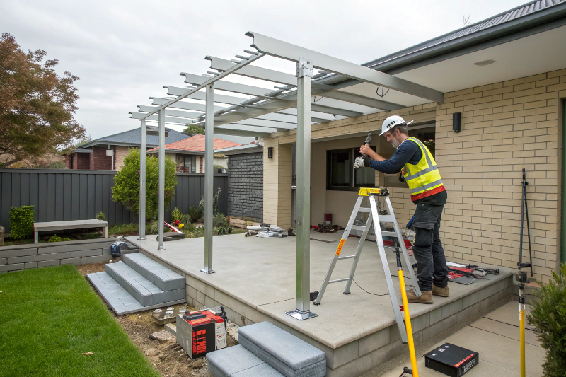 Professional aluminium pergola installation process Canberra tradesman safety gear concrete footings