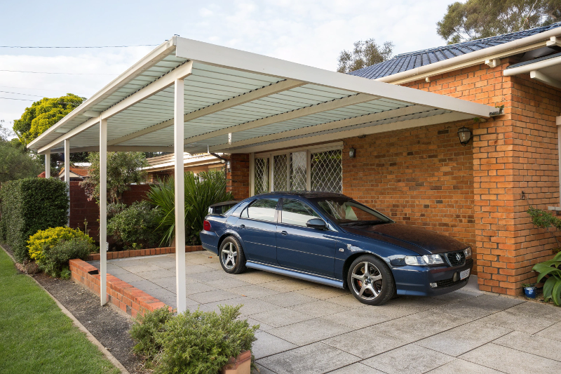 Single carport with Colorbond steel roof protecting dark blue sedan in Canberra suburban driveway