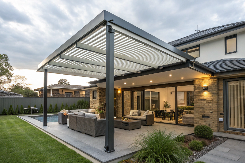 Smart retractable roof pergola automatically closing during sudden rain in Canberra backyard with weather sensors and outdoor furniture