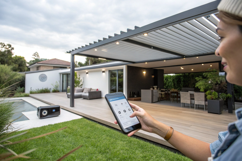 Homeowner using smartphone app to control retractable pergola roof with modern outdoor entertaining area and smart home technology